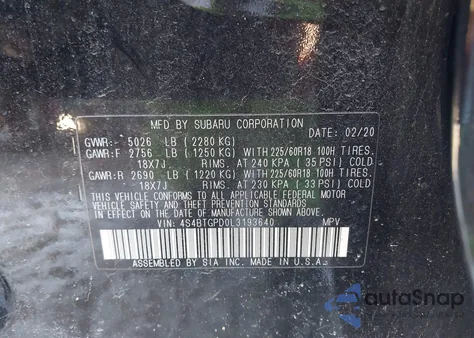 2020 Subaru Outback Touring Xt из США, поврежденный, VIN 4S4BTGPD0L3193640